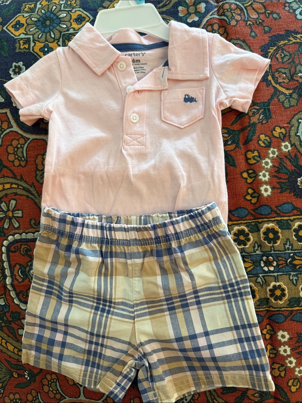 Carter's Baby Pink Polo Romper with Plaid Shorts